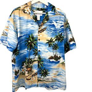 Vintage Alohawears Shirt Mens Large Blue Tropical Hawaiian Short Sleeve Button